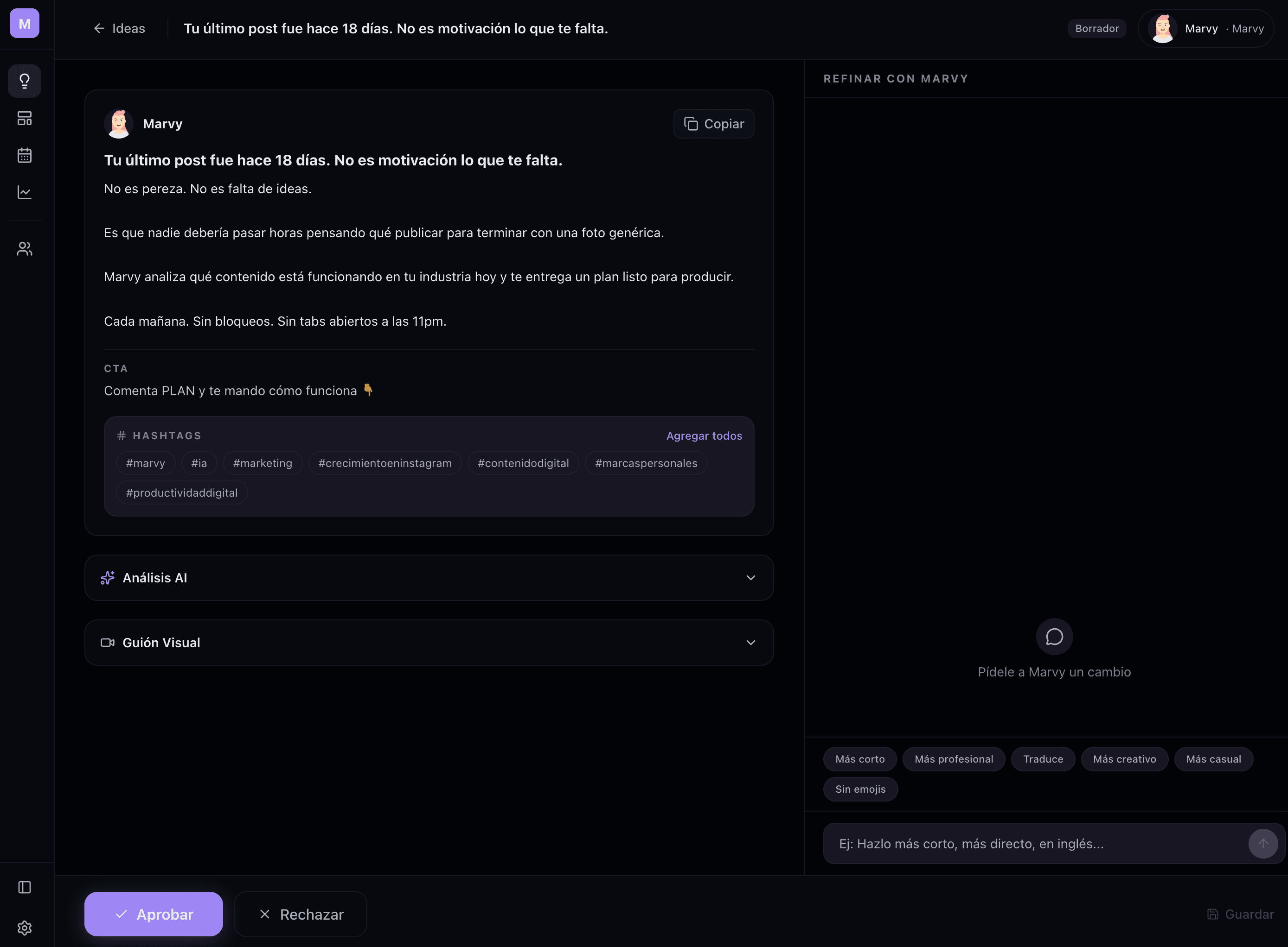 Chat con el agente de Marvy para editar y afinar posts