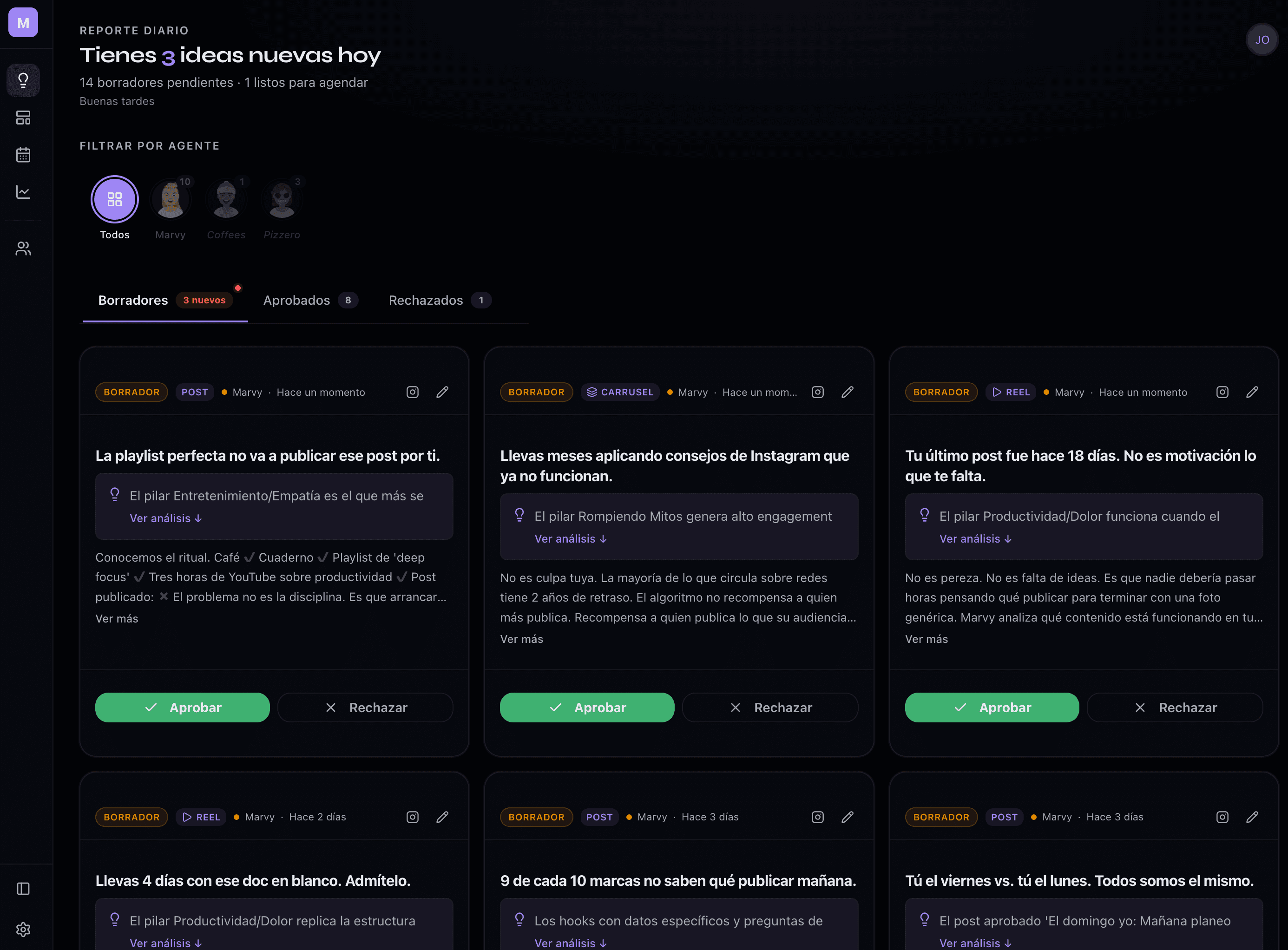 Posts generados por Marvy — hook, copy y visual brief listos para publicar